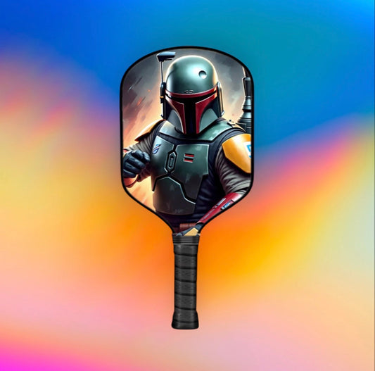 Boba Fett pickleball paddle with character face graphic and black grip