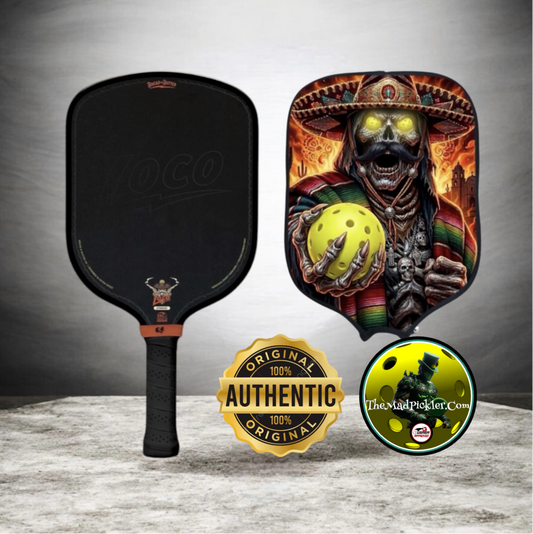 Black pickleball paddle with graphic pickleball cover and Mad Pickler artwork