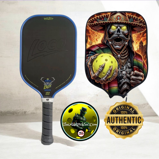Blue elongated pickleball paddle with black hitting surface, white grip, and lime pickleball cover