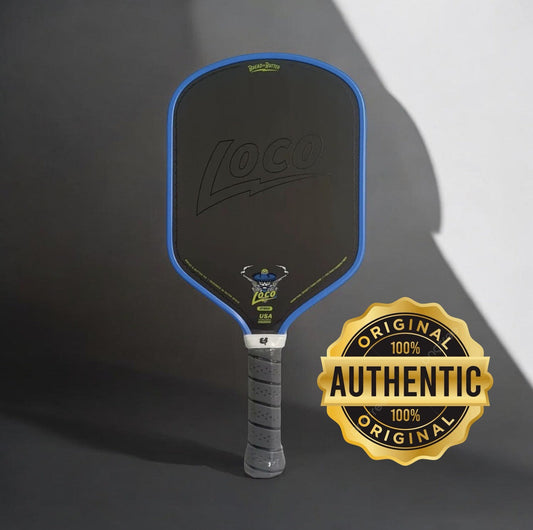 Blue pickleball paddle with black face, white grip, and “Authentic” badge