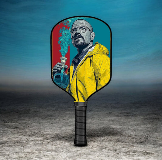 Pickleball paddle with Walter White-style portrait and blue smoke on oval face