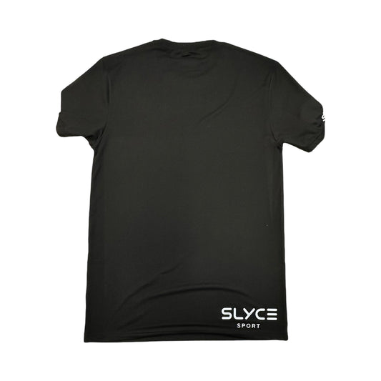 Black performance t-shirt, back view, SLYCE SPORT logo at lower hem