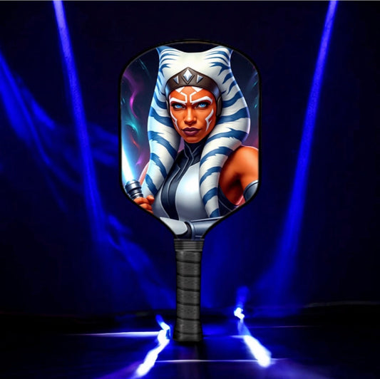 Black pickleball paddle with Ahsoka character graphic on the face