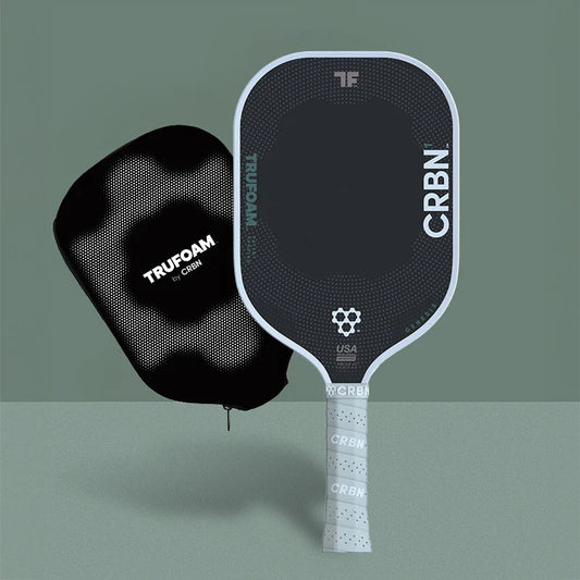 Pickleball paddle with dark TruFoam textured face, white edge, elongated long handle