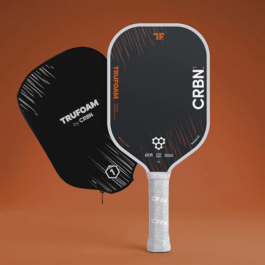 CRBN pickleball paddle with black TruFoam face and white elongated handle