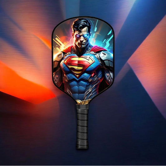 Cyborg Superman-themed pickleball paddle with round face and black textured grip