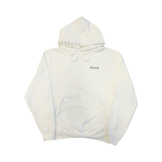 Light-colored SLYCE logo hoodie with front pocket and drawstring hood