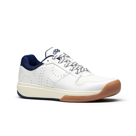 Men's pickleball shoes by DAPS DESI, white upper with navy trim and tan gum sole