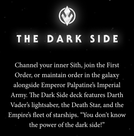 The Dark Side themed card deck cover with logo and headline text on dark background