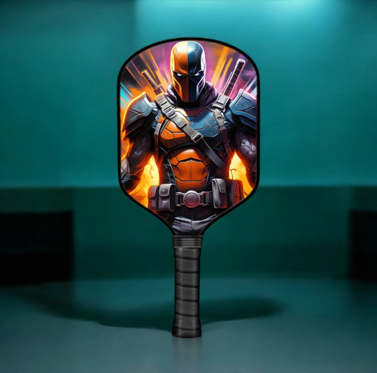 Pickleball paddle with dark superhero mask graphic and flame accents