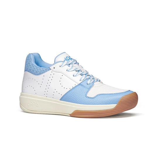 Mid-top pickleball shoes in white with light blue panels, lace-up with tan outsole