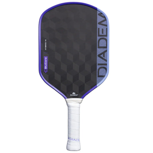 Pickleball paddle with dark patterned face, purple edge band, white grip and neck.