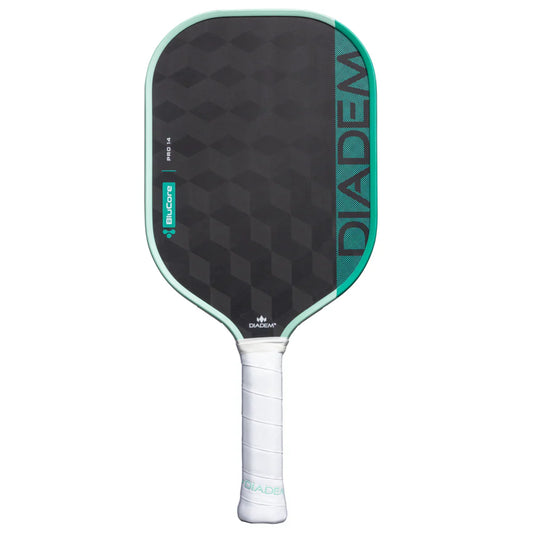 Seafoam pickleball paddle with dark checkered face and white grip