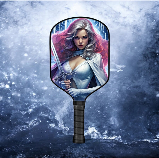 Pickleball paddle with black handle and oval face featuring colorful anime-style portrait