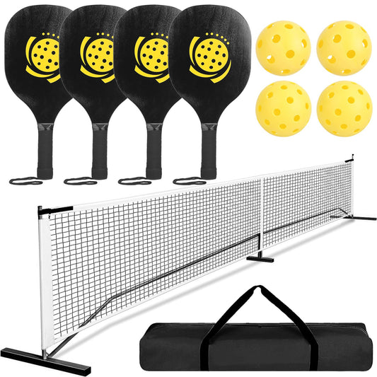 Portable pickleball net set with black paddles, yellow balls, net and carrying bag