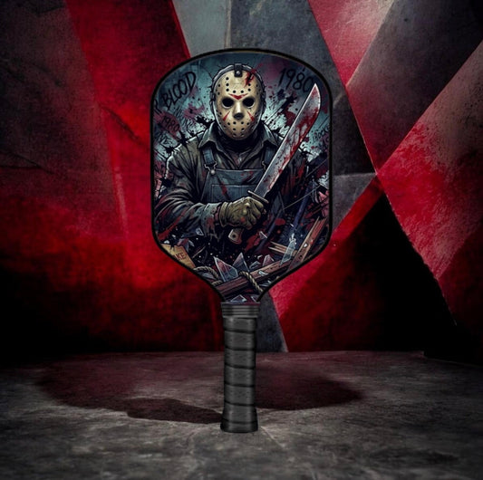 Jason Voorhees-themed pickleball paddle with black handle and rounded face