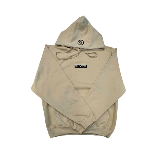 Tan SLYCE SOLO hoodie with adjustable hood, drawstrings, and front pouch pocket
