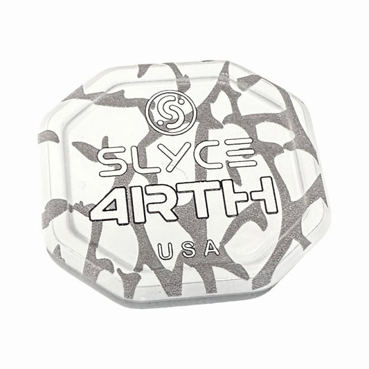 White round cap with gray camouflage pattern and SLYCE ARTH+ logo