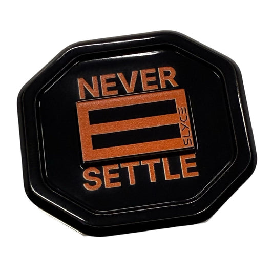 Black octagonal speed cap with orange "NEVER SETTLE" graphic