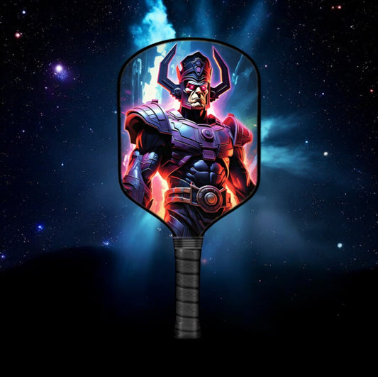 Galactus pickleball paddle with dark handle and colorful character face artwork