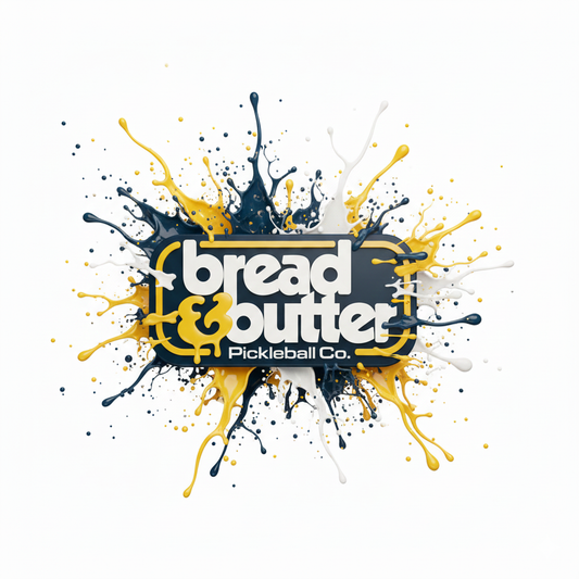 Pickleball paddle cover graphic: bread & butter logo with blue and yellow splash design