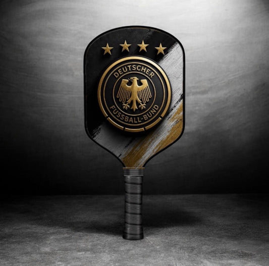 Pickleball paddle with black face and gold crest graphic, textured handle