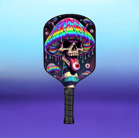 Colorful skull and mushroom graphic pickleball paddle with black grip