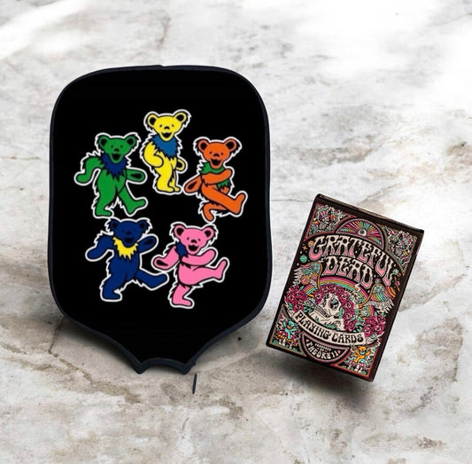 Dark navy pickleball paddle cover with colorful dancing bears and zipper