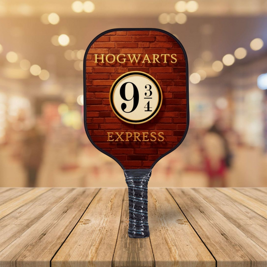 Hogwarts Express pickleball paddle with brick "9 3/4" and Hogwarts emblem