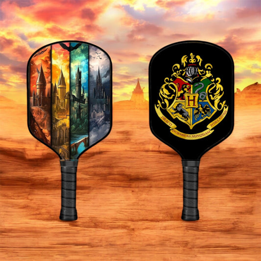 Hogwarts-themed pickleball paddle set with colorful school crest on round faces