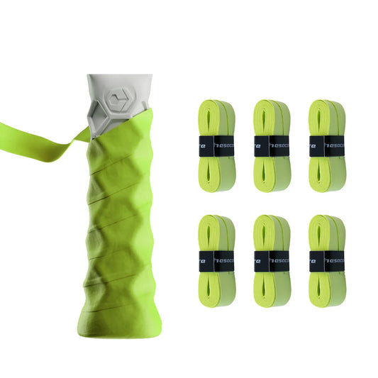 Neon green paddle overgrip set with cushioned stretch wraps and end finishing tape.