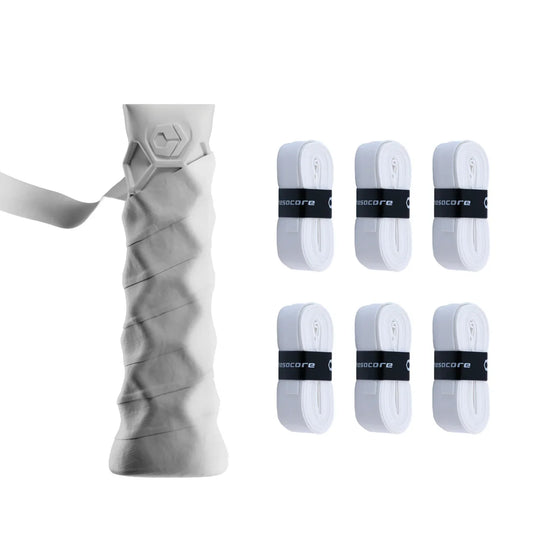 White pickleball paddle overgrip, wrapped on handle with matching overgrip packs