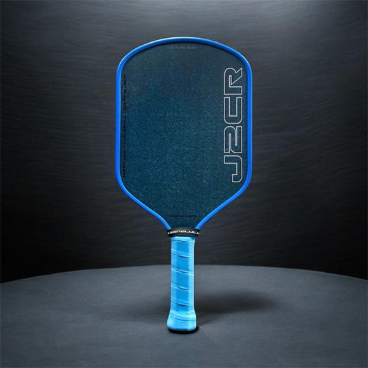 Blue pickleball paddle with textured dark-blue face and blue edged frame