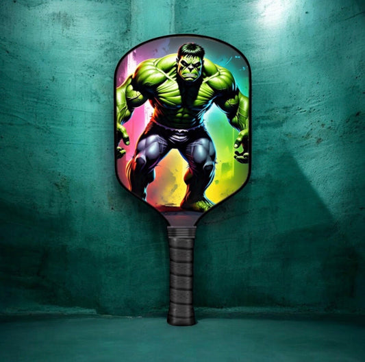 Pickleball paddle with round head and Hulk-style green hero graphic, black handle