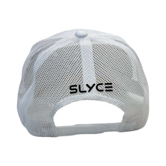 White mesh trucker cap with SLYCE logo on front