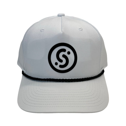 Light gray baseball cap with black circular logo patch