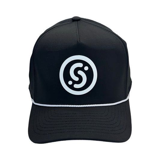 Black baseball cap with white circular logo, curved brim