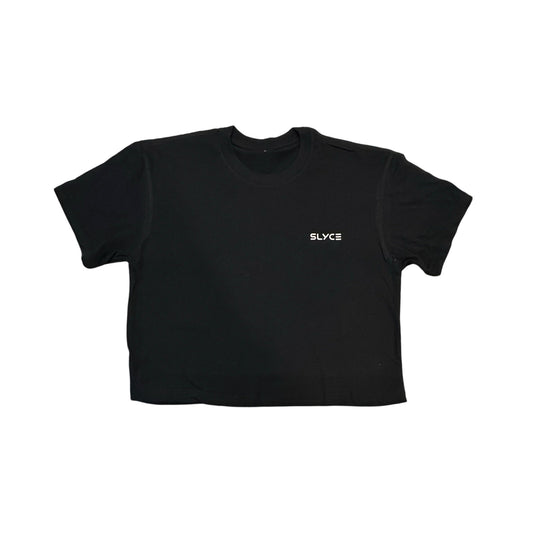 Black cropped ladies tee with SLYCE logo on chest