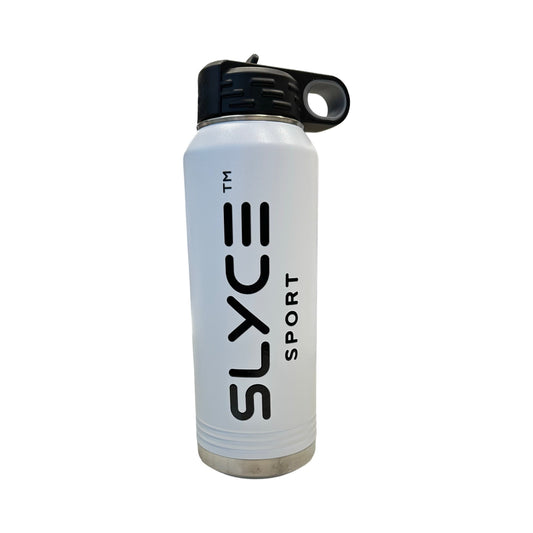 SLYCE 30oz insulated water bottle, white with black lid and carry loop; SPORT logo