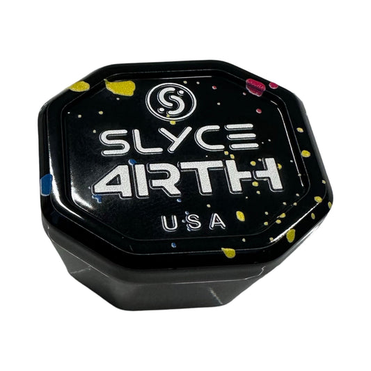Black pickleball paddle face with Slyce 4rth! USA text and colorful paint-splatter decals