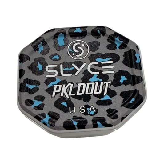 Cheetah-pattern paddle speed cap, dark gray and blue with SLY and PKLDOUT logos