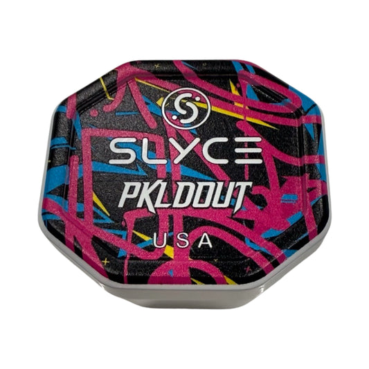 Graffiti-pattern SpeedCap tin in purple, blue, and black with PKLDOUT USA logo