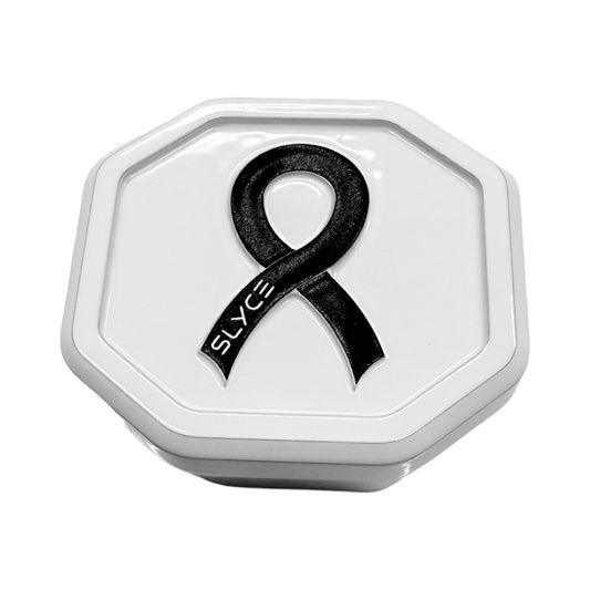 Black cancer awareness ribbon on gray-and-white octagonal SpeedCap paddle enhancer