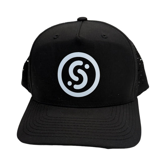 Black perforated performance hat with front circular logo