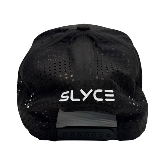 Black perforated performance hat with perforated panels and SLYCE logo