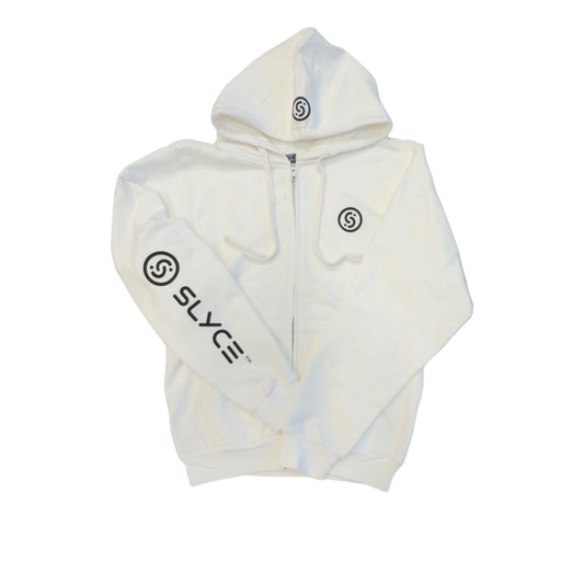 White full-zip hoodie with hood, kangaroo pocket, and Slyce logo on chest
