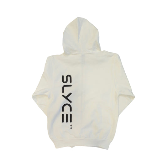 White full-zip hoodie back with large vertical Slyce logo and hood pocket