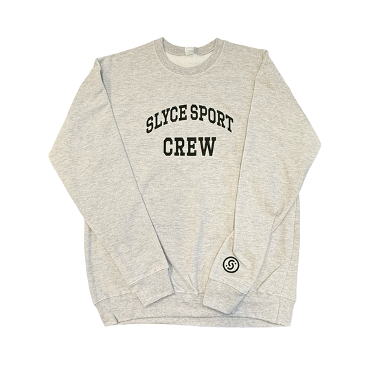 Heather gray crewneck sweatshirt with "Slyce Sport Crew" front graphic