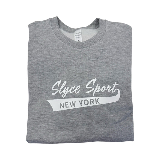 Gray crewneck sweatshirt with Slyce Sport New York front graphic