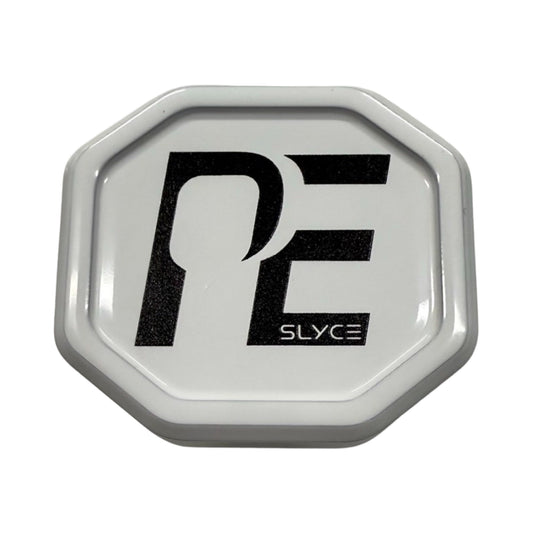 Hexagonal silver metal paddle performance enhancer tin with black P logo
